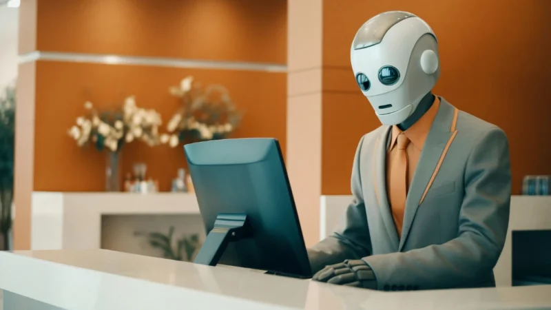 Humanoid robot dressed in a suit, sitting at a desk with a computer, symbolizing an AI legal advisor providing professional legal assistance.