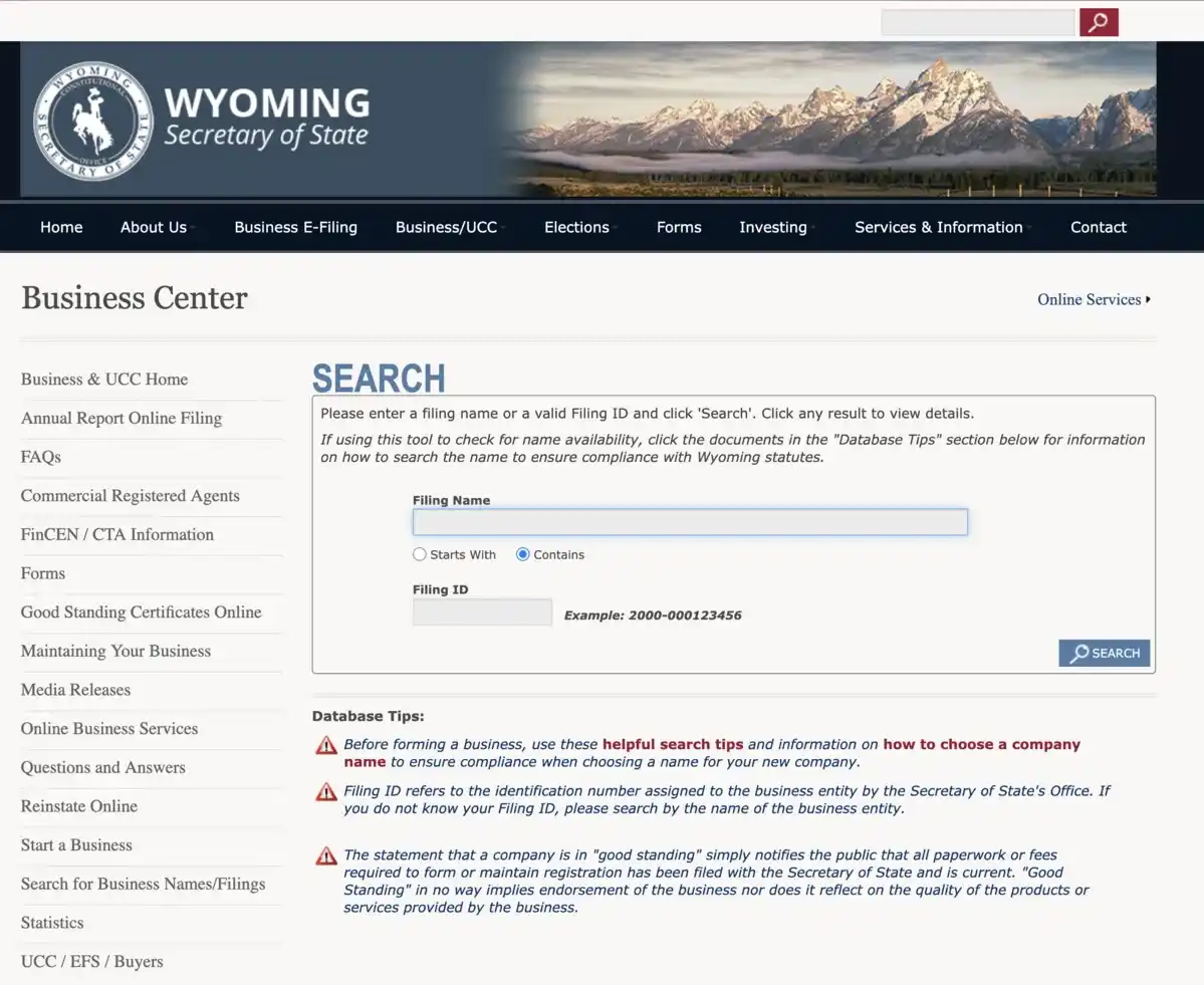 Wyoming Business Entity Search Tool for LLC Formation Wyoming Business Entity Search - Search for LLC Names and Filings