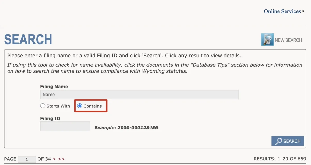 Wyoming Business Name Search Guide - Finding an LLC Name Wyoming business name search tool, contains option selected