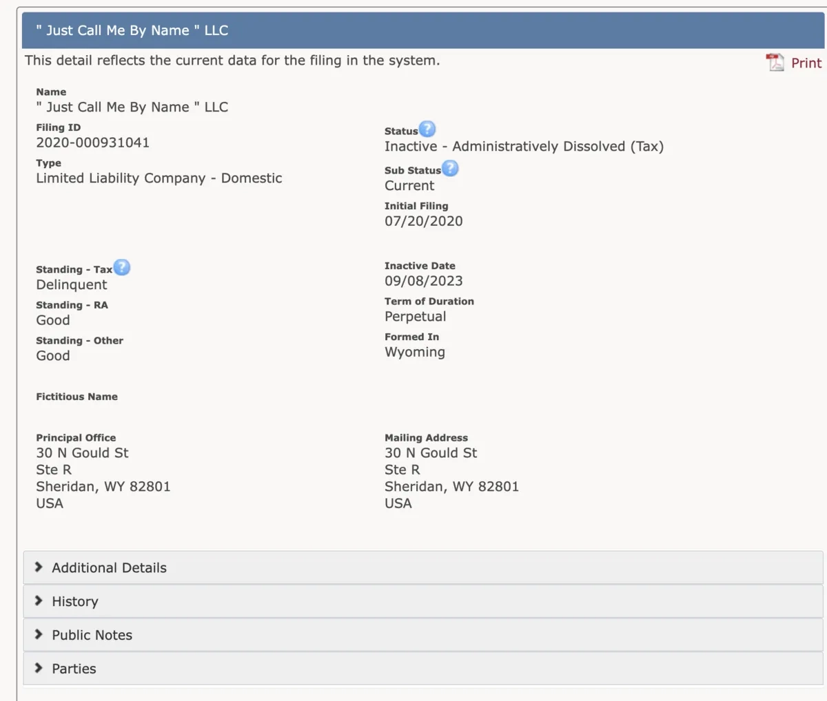 Wyoming LLC Filing Details: Just Call Me By Name LLC Wyoming LLC record for Just Call Me By Name LLC - Inactive